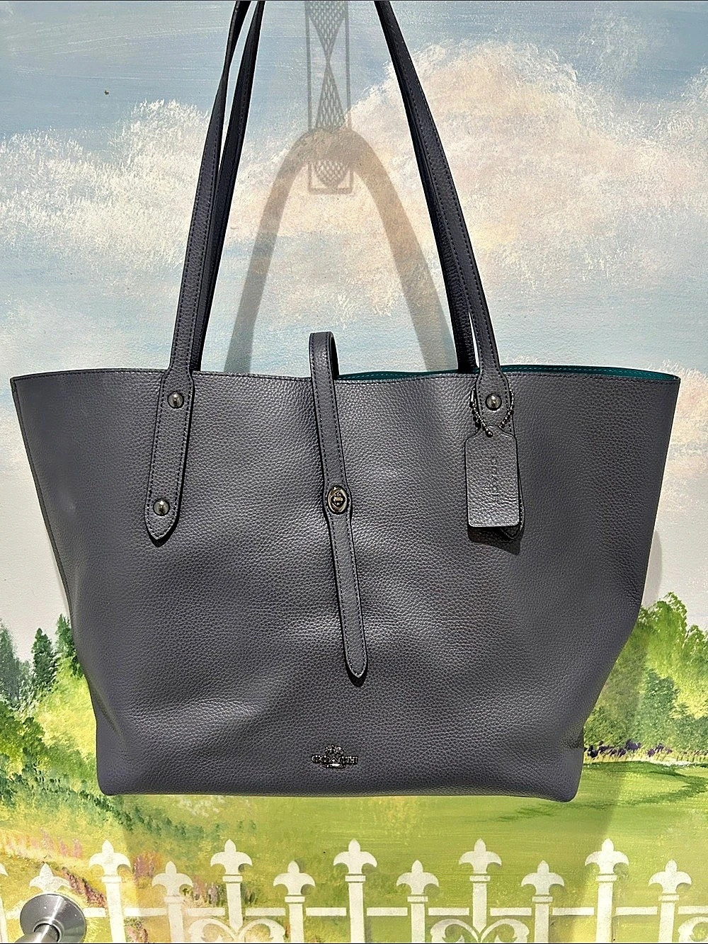Coach Market Tote Navy Blue Polished Pebbled Leather Teal Interior (Style 58849)